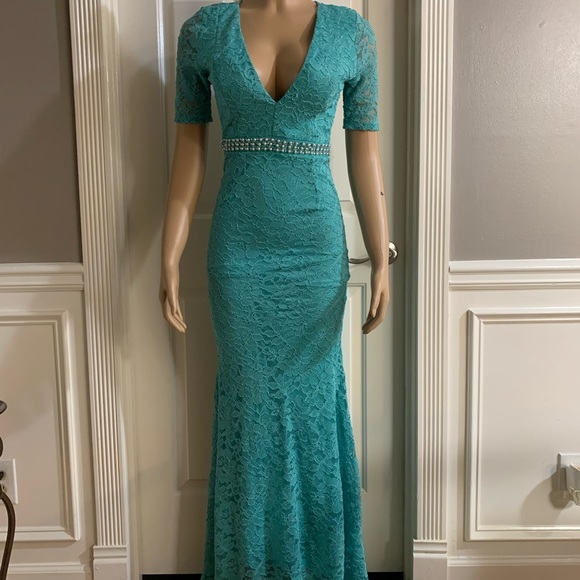 Women junior blue green lace bodycon mermaid maxi dress size (S) zipper back - Picture 2 of 14